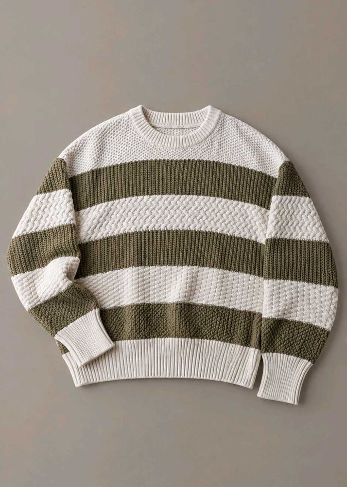 OLIVE GREEN &amp; CREAM TEXTURED STRIPED SWEATER
