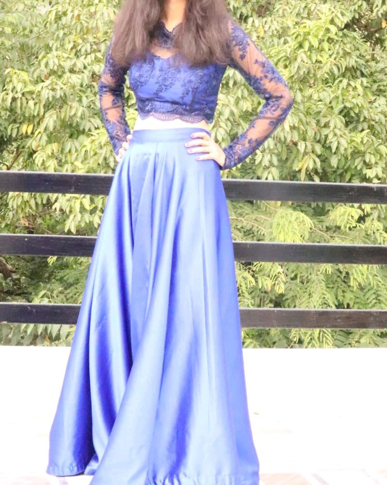 Blue Satin Skirt With Embroidered Blouse