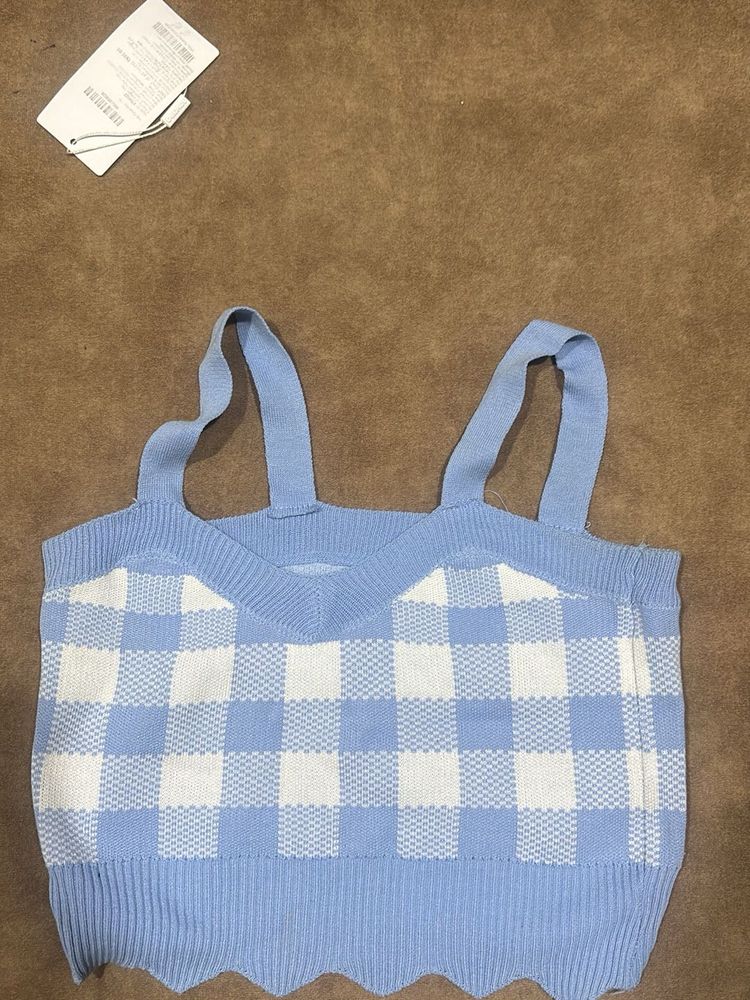 Blue Gingham Knit Cami Top