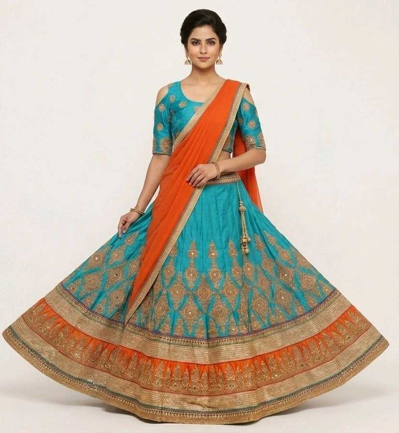 Stunning Teal &amp; Orange Embroidered Lehenga Choli