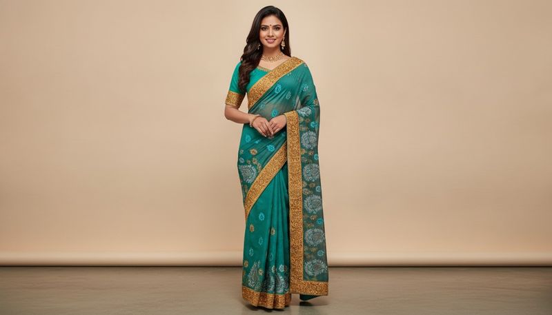 Emerald blue with grey Embroidered Saree stit
