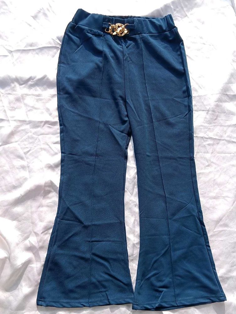 Blue Flared Pants with Gold Detail