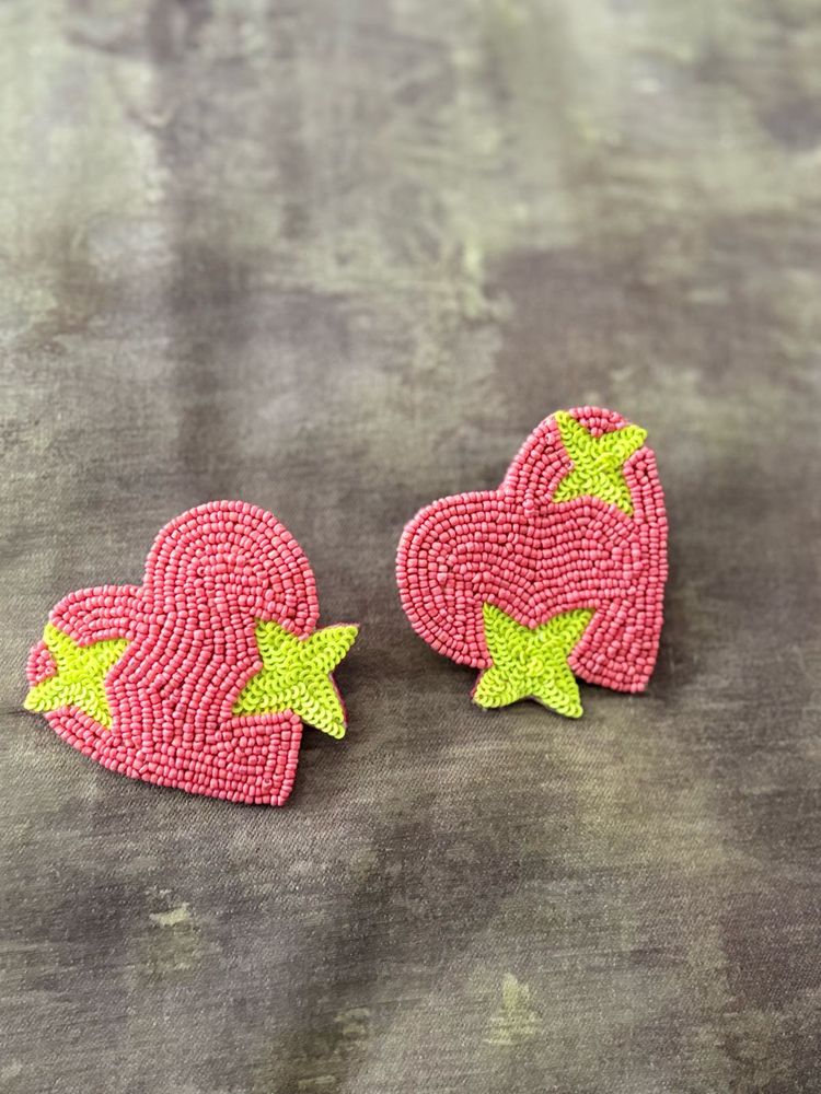 Pink Beaded Heart Earrings