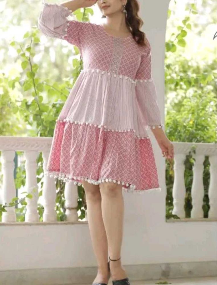 Pink Tiered Kurta with Pom-Pom Trim