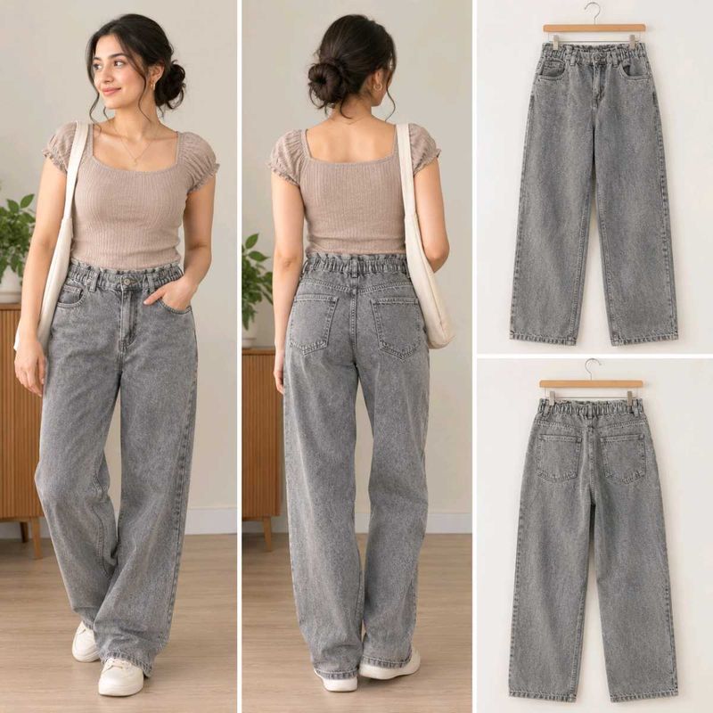 Stylish Grey Wide-Leg Denim Jeans