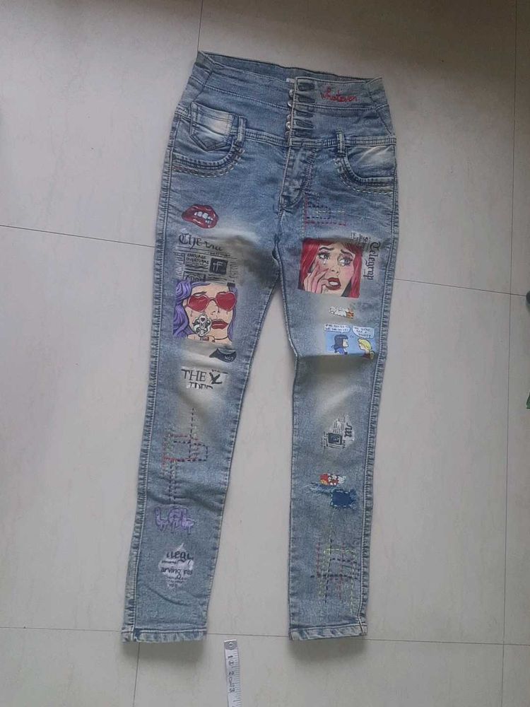 Stylish Hand-painted and embroidered Denim Jeans