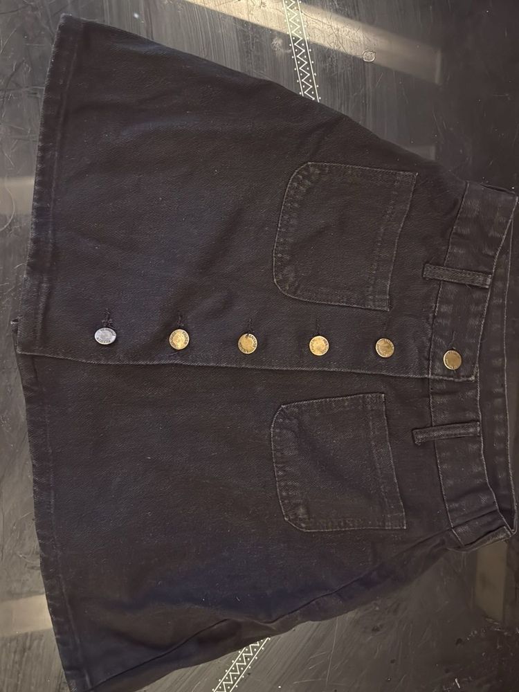Black Denim Button-Up Skirt