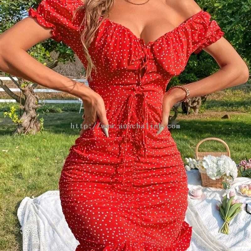 Red Polka Dot Ruched Dress