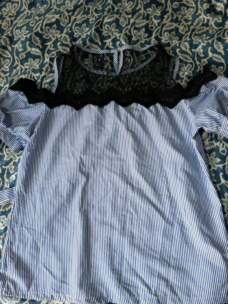 Blue Striped Cold Shoulder Top