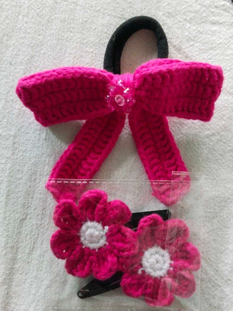 Crocheted Hair Bow &amp; Flower Clips Set