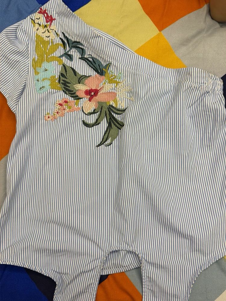 Striped One-Shoulder Top with Embroidery