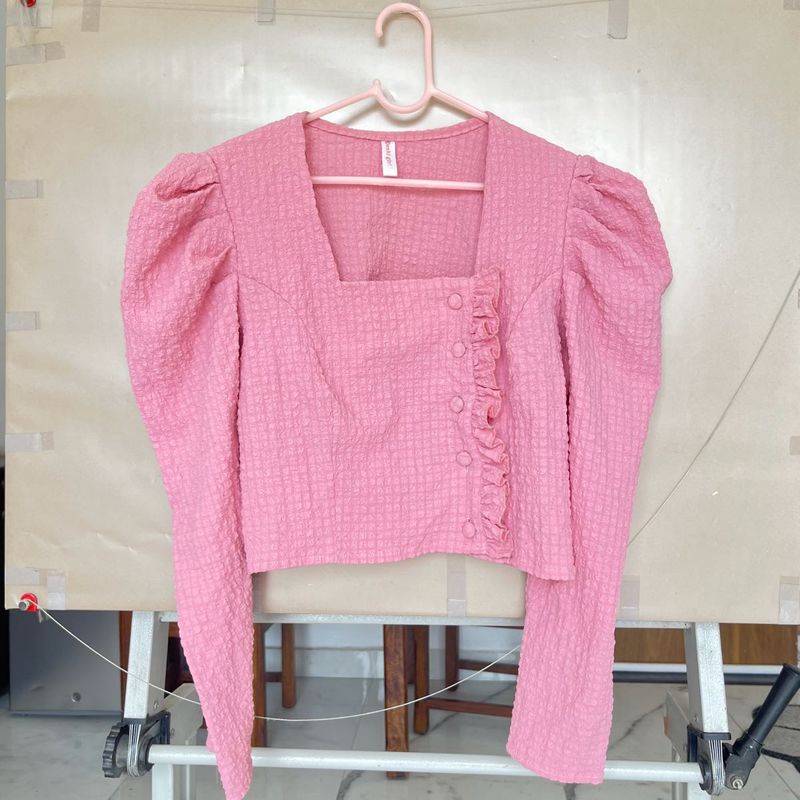 Pink Puff Sleeve Square Neck Top