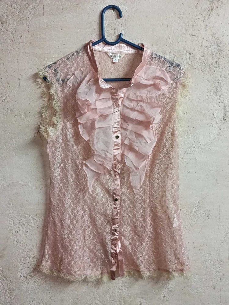 Chic Lace Blouse with Ruffles Sheer Shirt