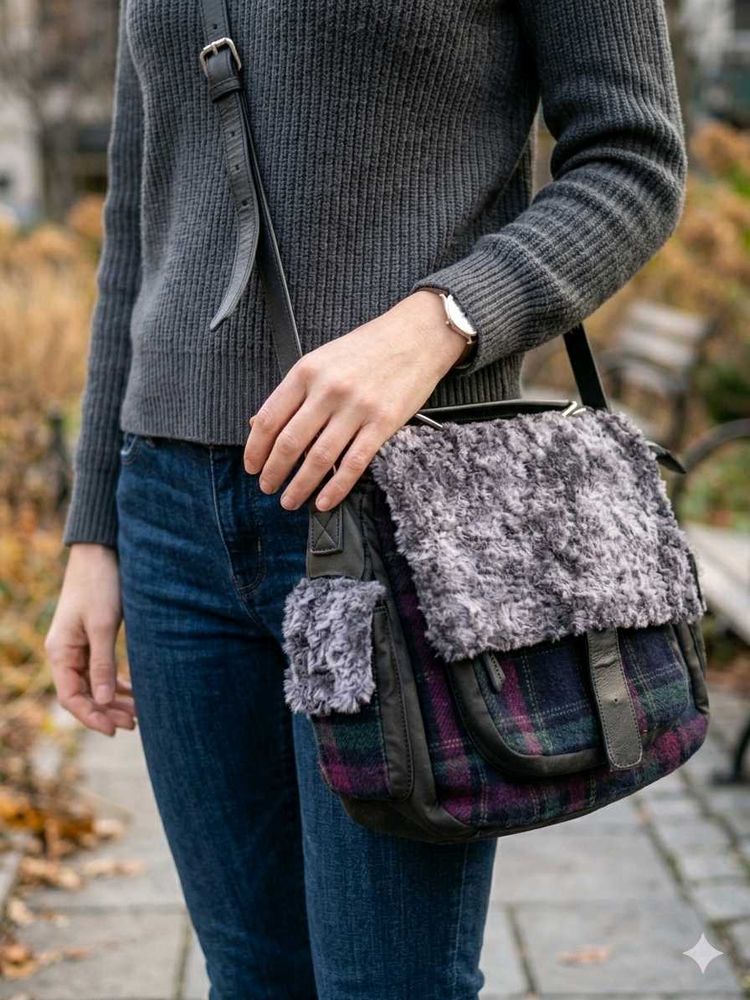 Cozy Plaid Crossbody Bag with Faux Fur