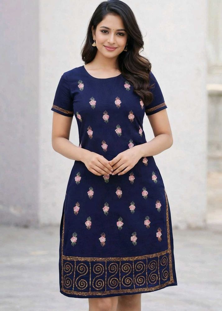 Embroidered Navy Blue Kurta