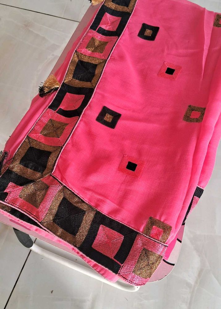Vibrant Pink Saree with Geometric Border