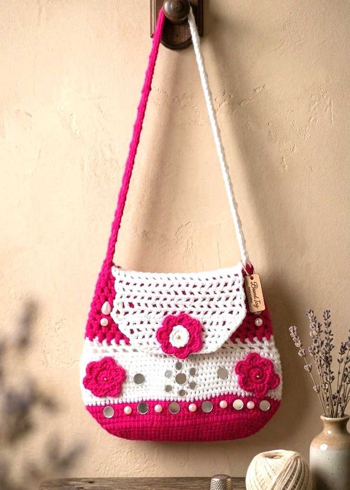 Handmade Beautiful Pink &amp; White Crochet Sling Bag