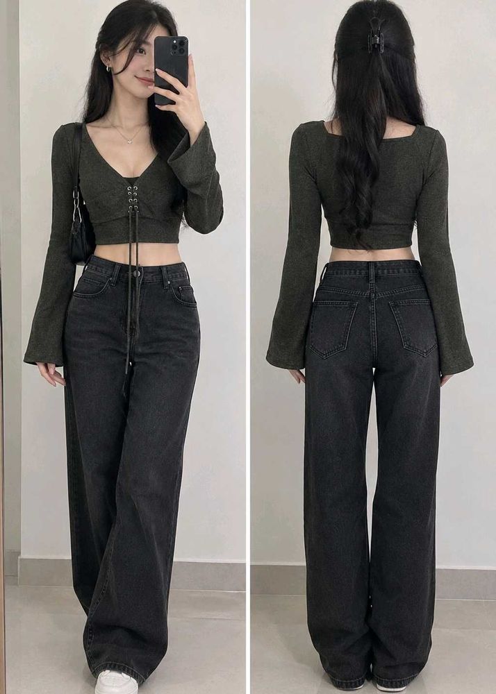 Chic Lace-Up Crop Top with Bell Sleeves