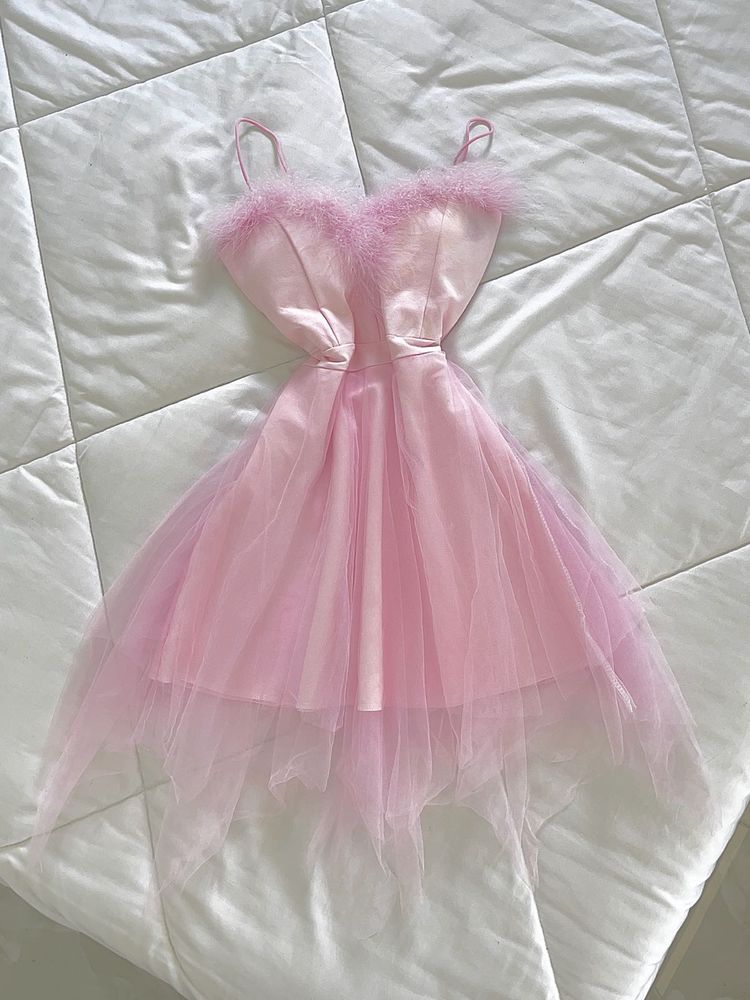 baby pink fur mini asymmetrical babydoll dress