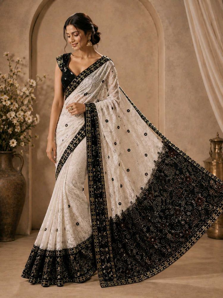 White &amp; Black Designer Saree