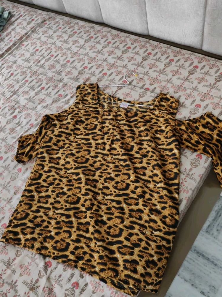 Leopard Print Cold Shoulder Top