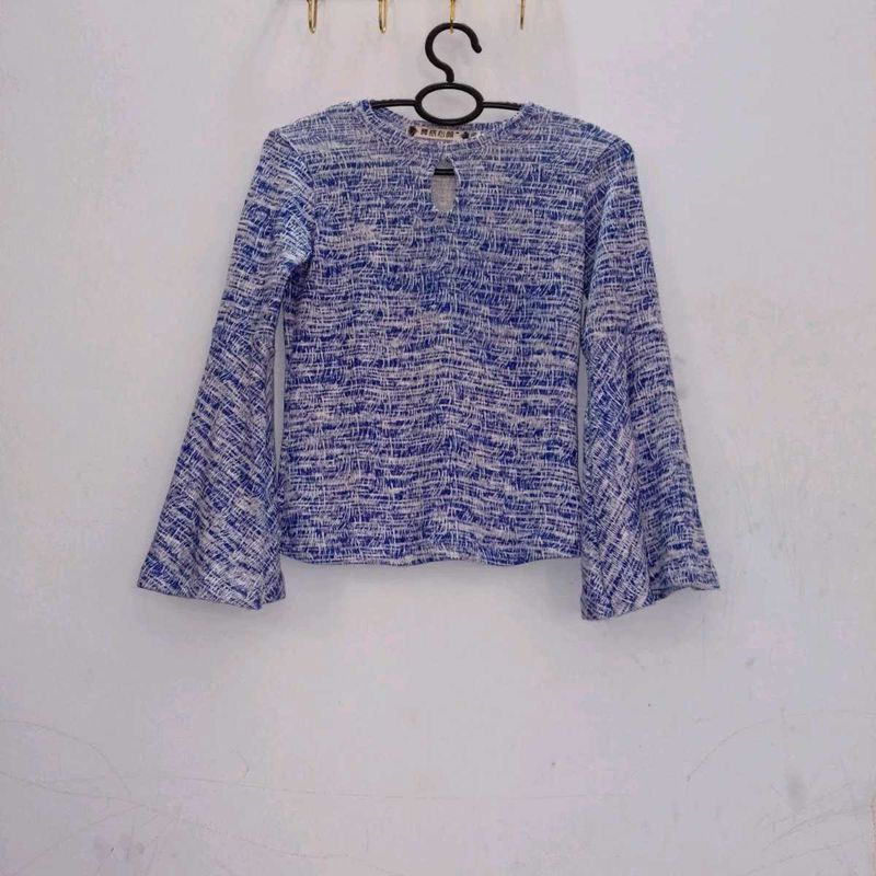 Boho Bell Sleeve Blue &amp; White Top