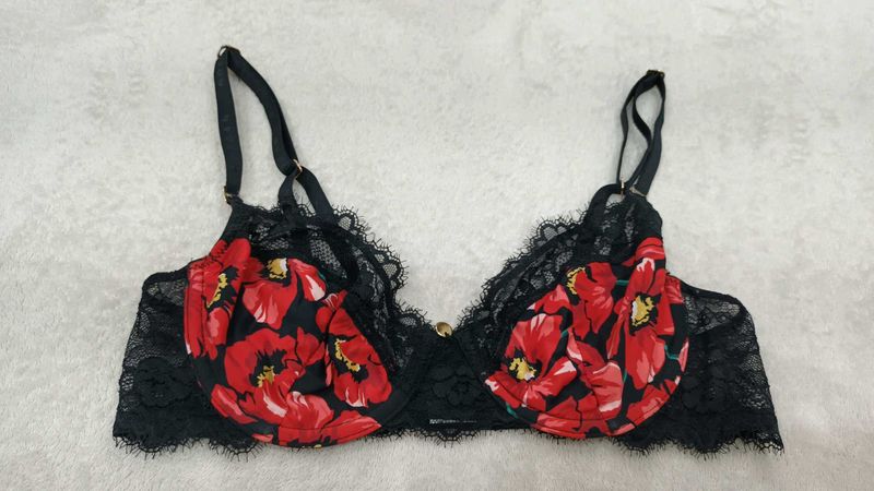 Black Floral Print Lace Trim Bra