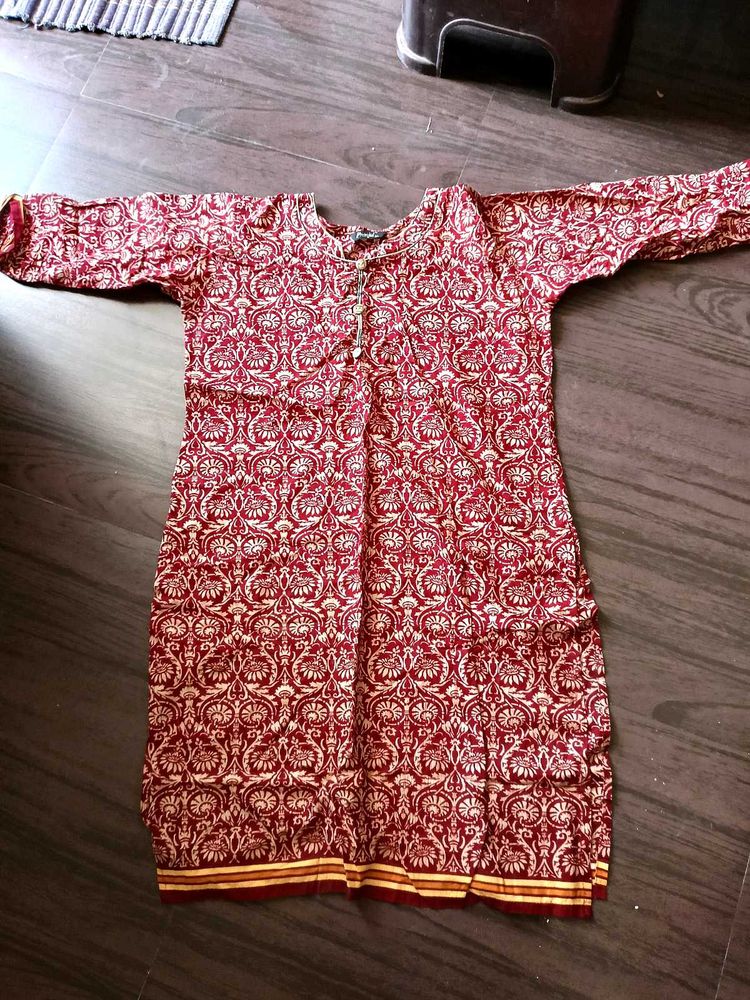 Maroon Printed Cotton Kurta