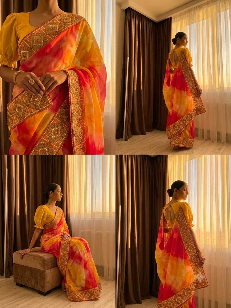 Vibrant Tie-Dye Saree with Embellished Border