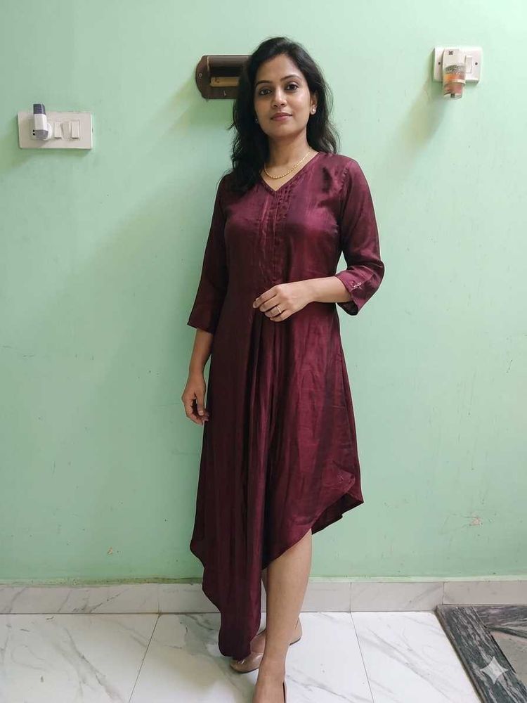 Stylish Maroon Asymmetrical Kurta Dress