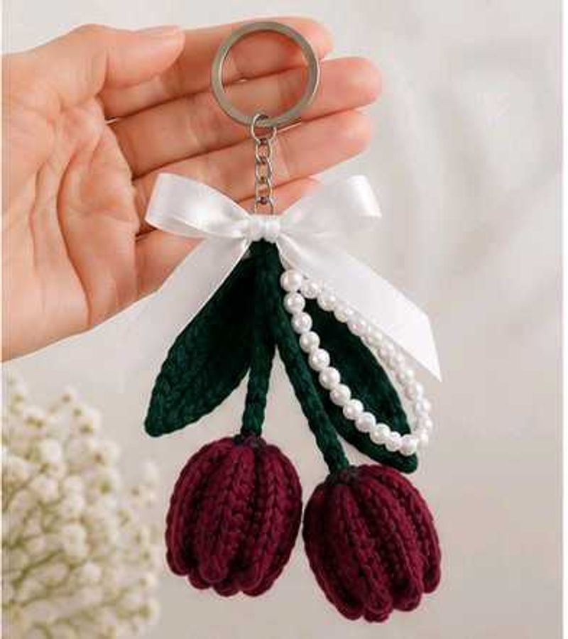 Handmade Cherry Keychain with Pearls