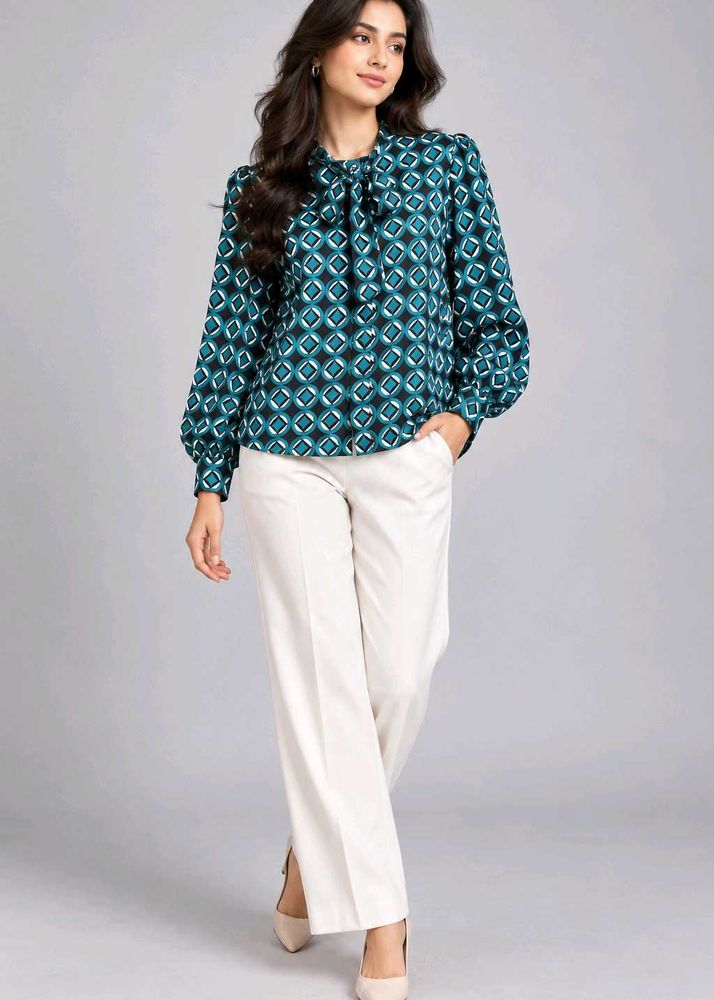 Geometric Print Bow Neck Blouse