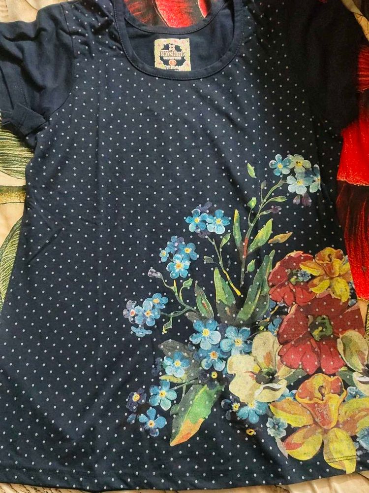 Navy Blue Polka Dot Floral Print T-Shirt