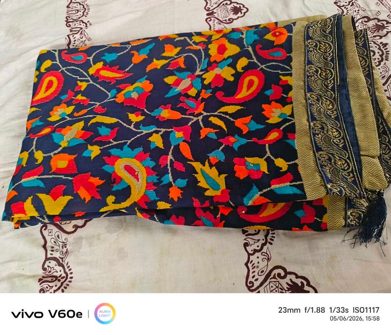 Vibrant Floral Print Navy Blue Saree