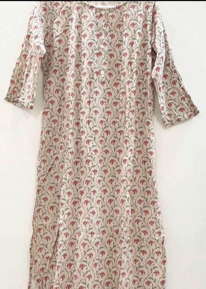 Off White Cotton Kurti with Red Floral Print