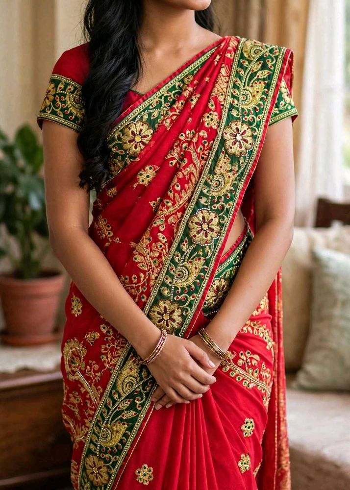 Red  and orange Embroidered georgette combo 2 sare