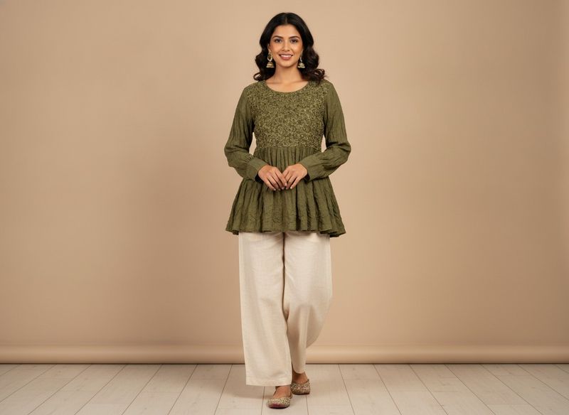 Olive Green Embroidered Peplum Kurta