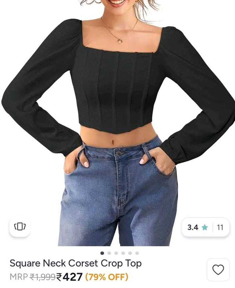 Black Square Neck Corset ,pull sleeves Crop Top