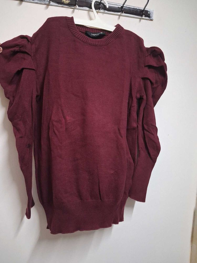 Maroon Puff Sleeve Knit Sweater