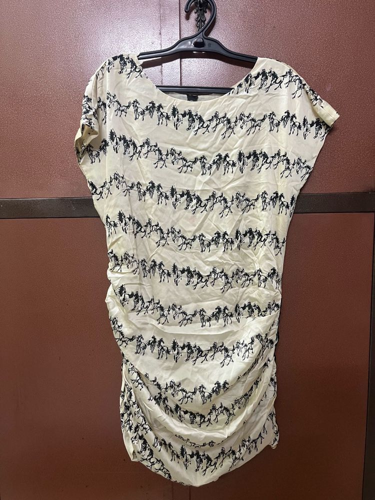 Cream Horse Print Ruched Dress party wear