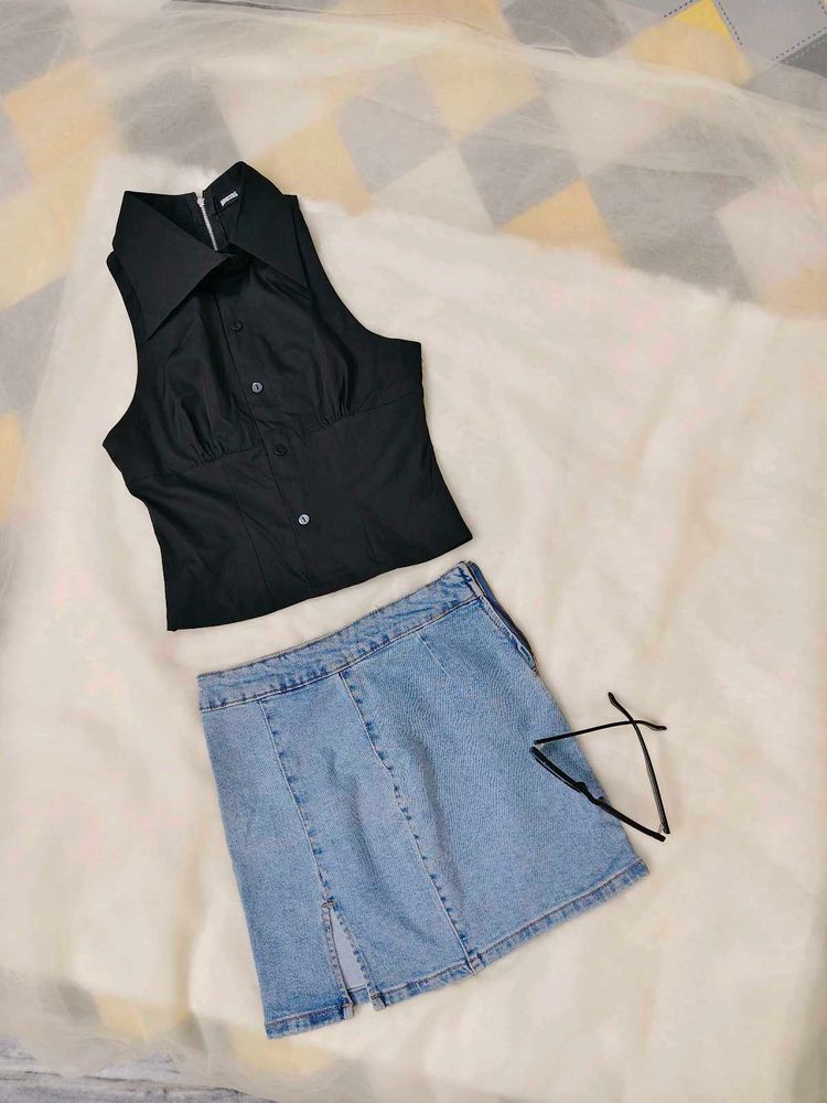 Black Collared Sleeveless Top &amp; Denim Skirt Set
