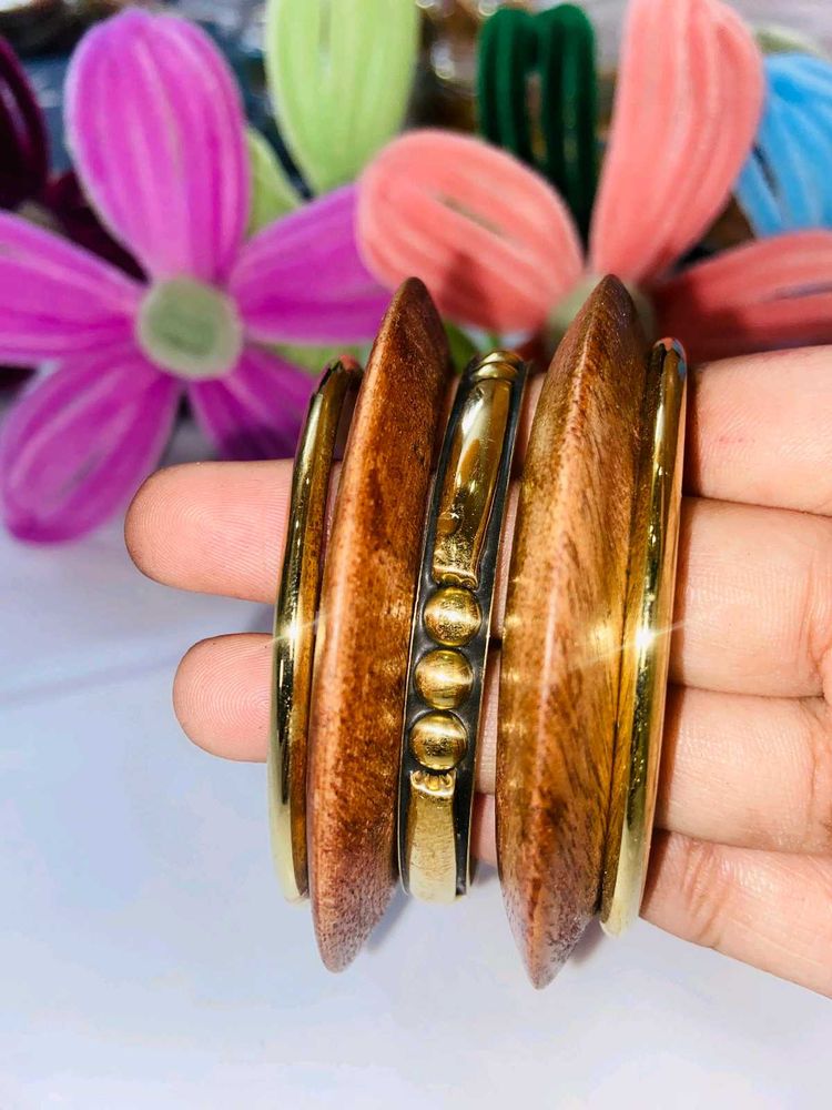 Boho Wood &amp; Gold Bangles Set