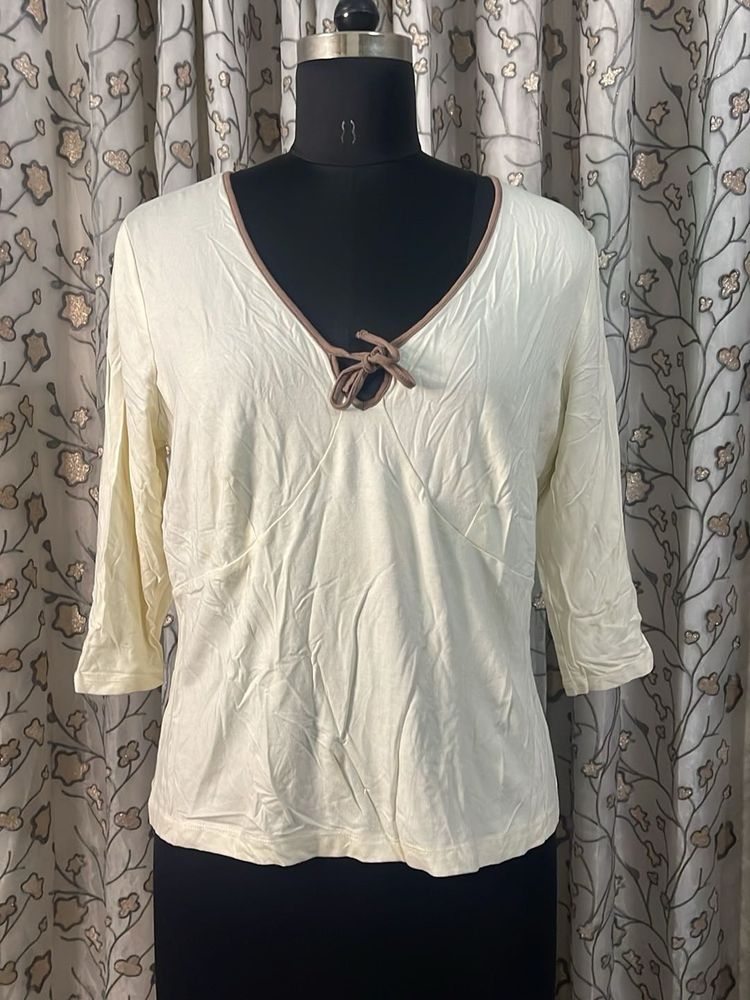 Cream 3/4 Sleeve Top with Tie Neck