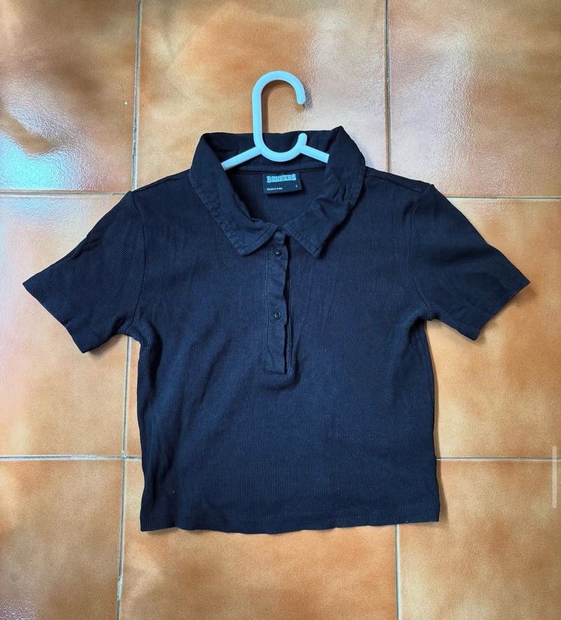 Black Bonkers Ribbed Button-Up Top