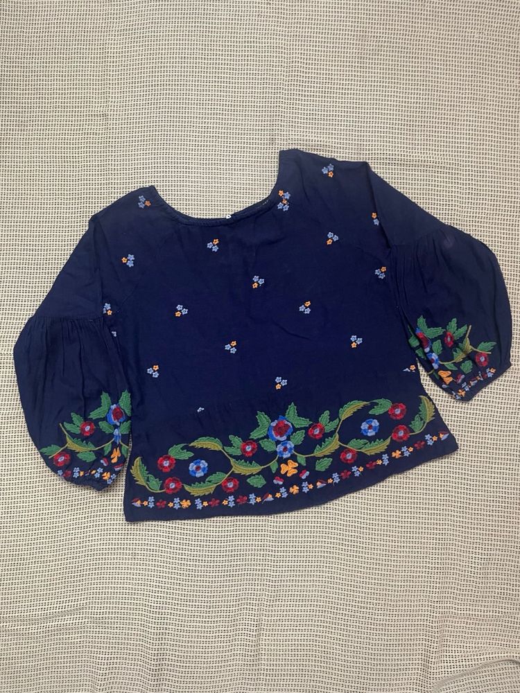 Zara Embroidered Navy Blue Blouse