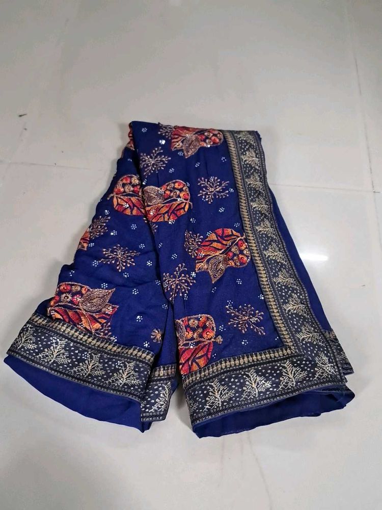 Beautiful Blue Embroidered Saree