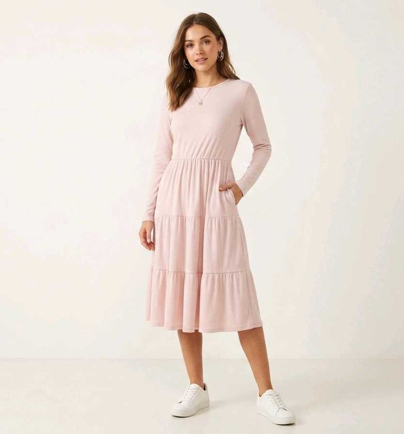 Pink Tiered Long Sleeve Midi Dress