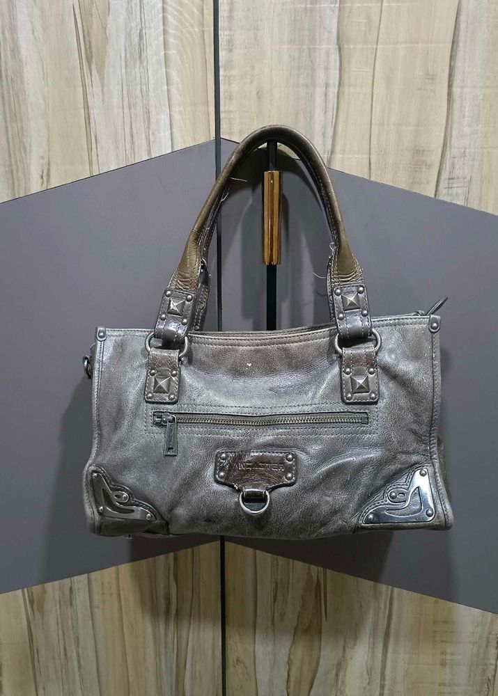 Stylish Grey Leather Handbag with Studs