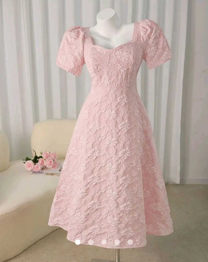 Pink Puff Sleeve Midi Dress Large Size