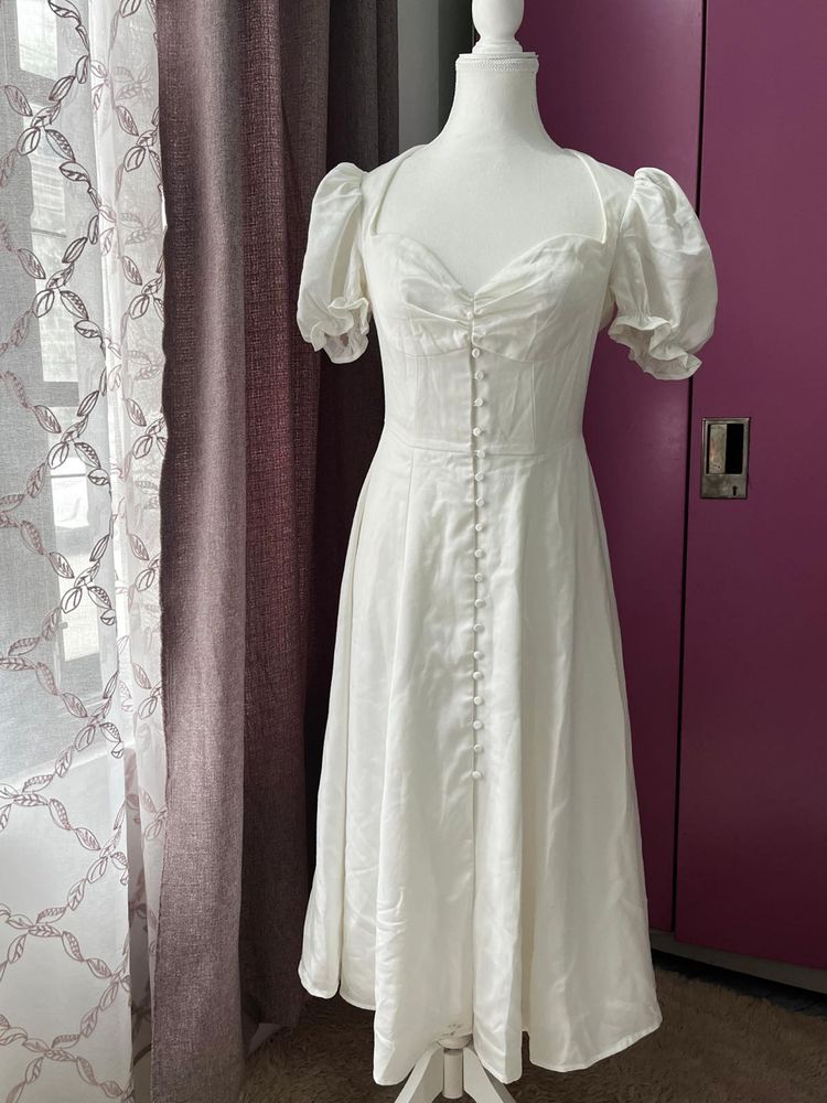 White Puff Sleeve Button-Up Midi Dress